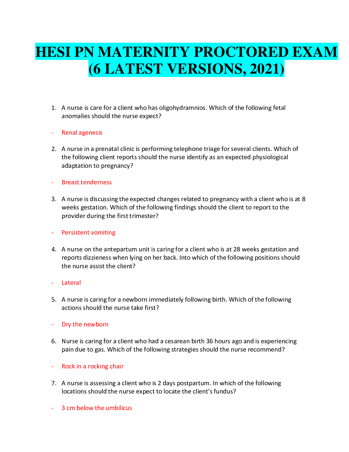 Preview of HESI PN MATERNITY PROCTORED EXAM    6  VER   Pages 148   Questions and answers   Grade A+